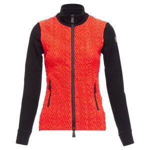 MONCLER bright red orange chevron plisse front logo arm zip fitted jacket XS